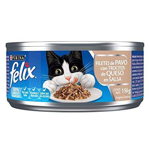 Amazon: FELIX Alimento Húmedo Sabor Filetes de Pavo con Trocitos de Queso en Salsa, Paquete con 24 Latas de 156g, para los michis