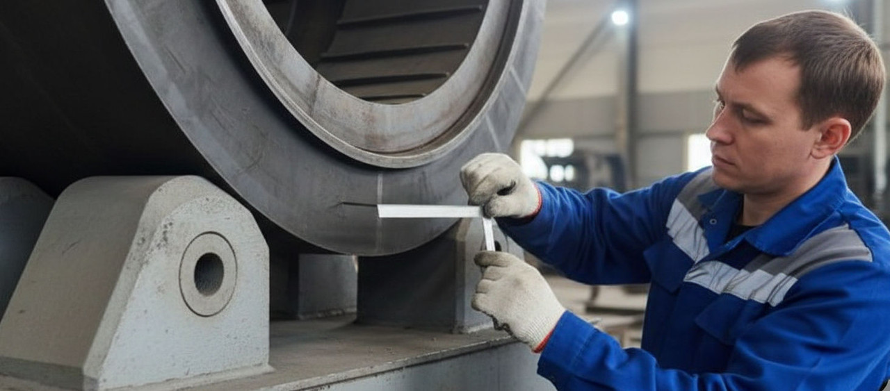 Плавающее крепление бандажа на корпусе сушилки с демонстрацией теплового зазора для компенсации термического расширения обечайки