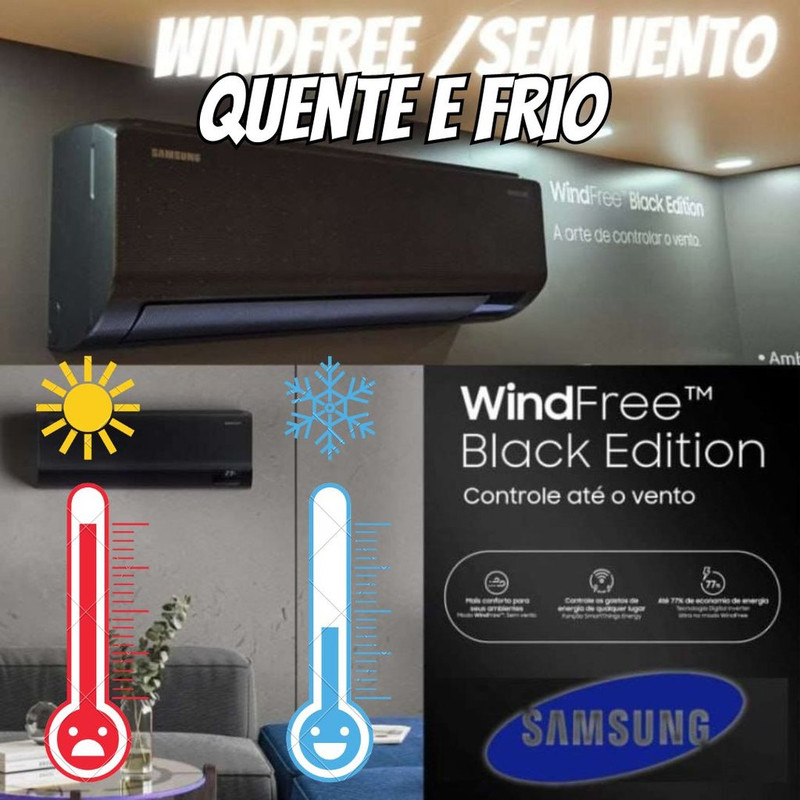 Ar-condicionado Split Inverter Samsung WindFree Black Edition Sem Vento 12.000 BTUs Quente e Frio AR12CSECABTNAZ 220V