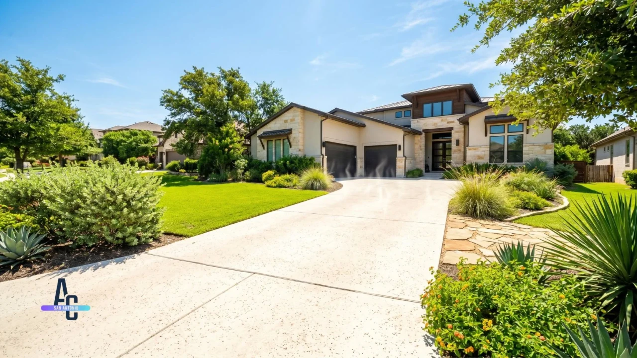 Light colored concrete driveway reflecting heat in the San Antonio sun