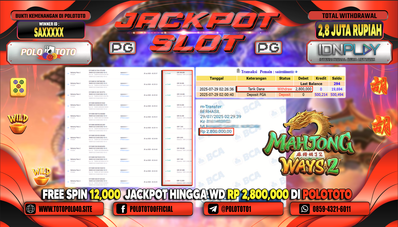 POLOTOTO JACKPOT SLOT MAHJONG WAYS 2 Rp.2.800.000,-LUNAS
