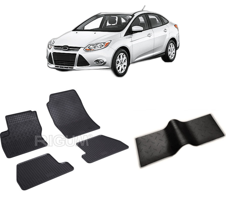 Set covorase auto FORD FOCUS III din 03.2011-08.2018, cu covoras tunel median, CAROSERIE SEDAN, Presuri cauciuc 100%, compatibil cu autoturismul FORD FOCUS III, Rigum