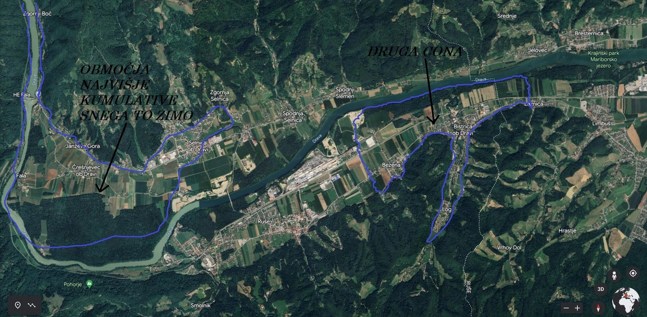 OBMOČJA NAJVIŠJE KUMULATIVE SNEGA V TEJ ZIMI 2022-2023. Dravska dolina