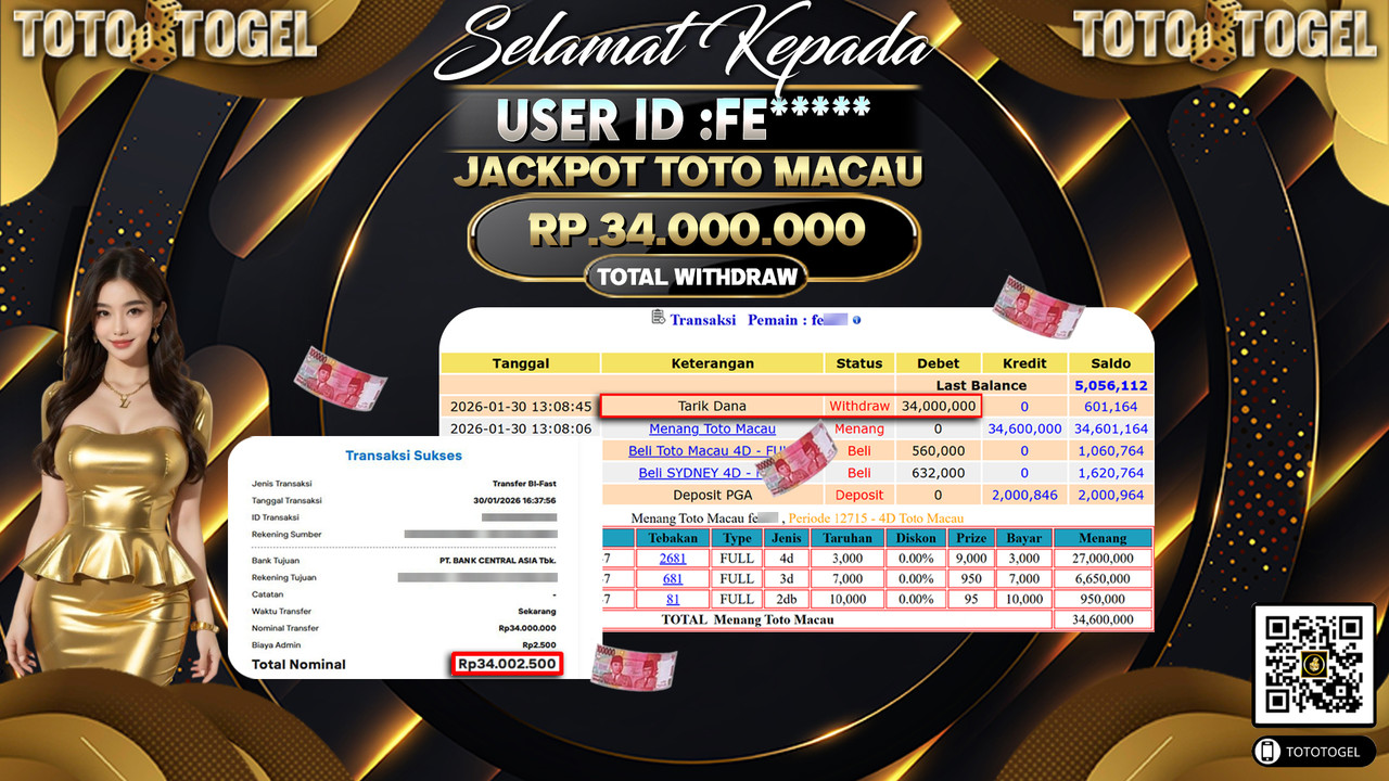 Bukti Pembayaran Jackpot Permainan Togel Toto Macau ID:FE*****LUNAS