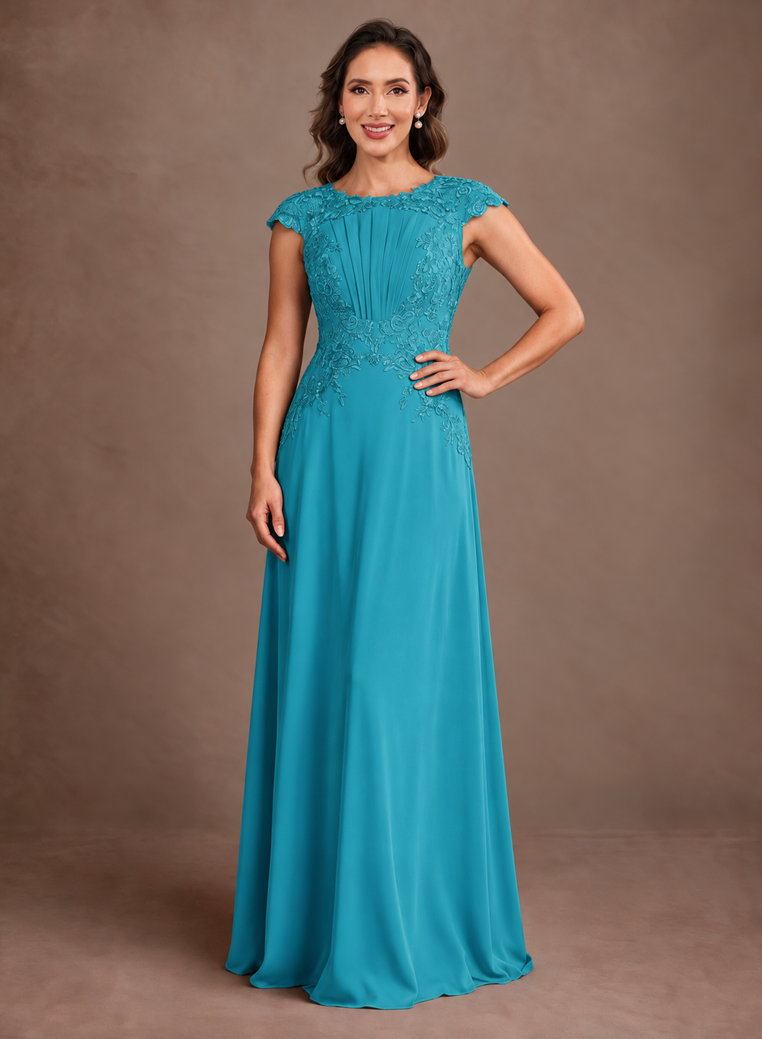 A-Line Lace Chiffon Scoop Neck Pleated Mother of Bride Dress with Zipper Back