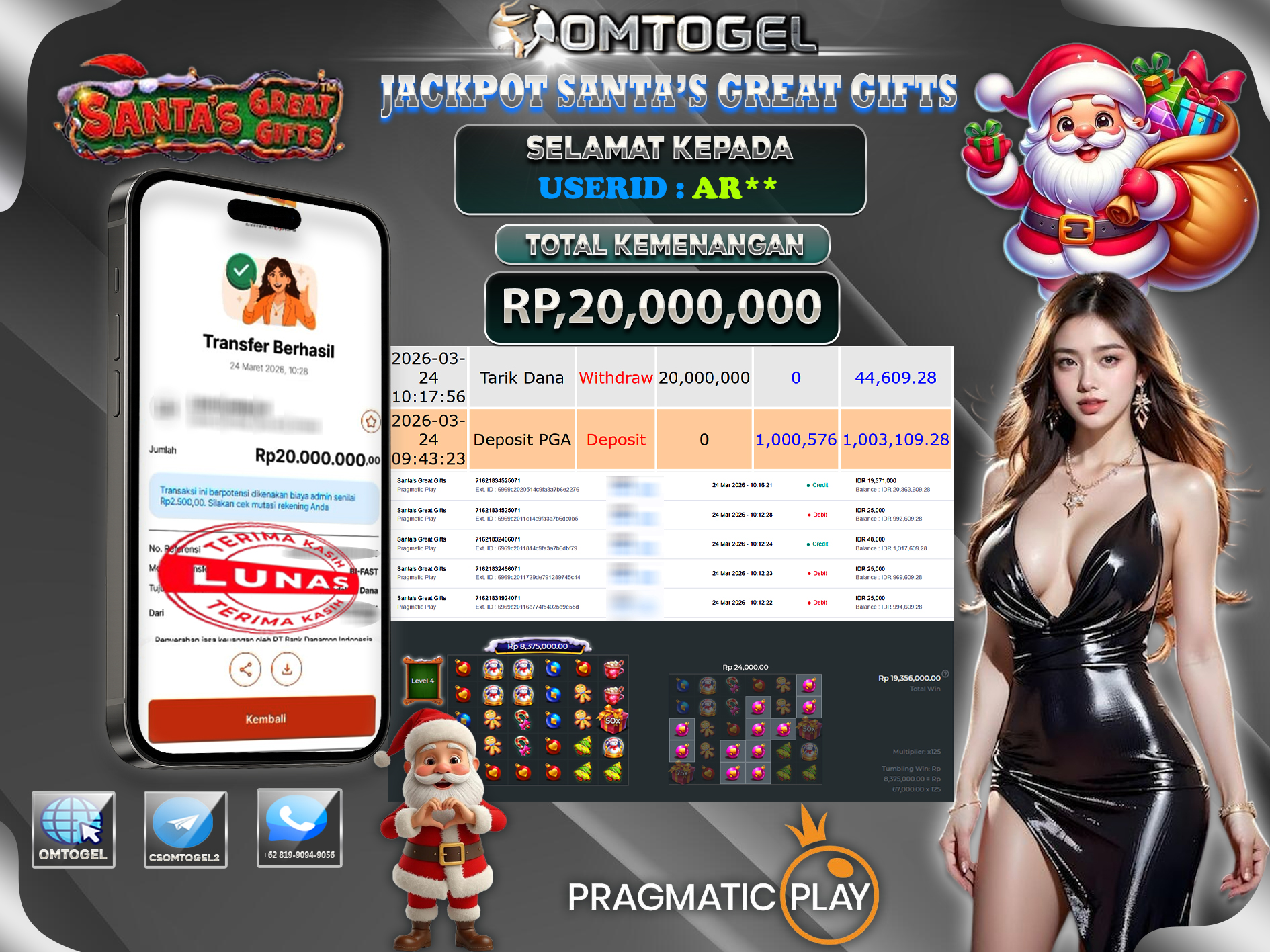 OMTOGEL JACKPOT PRAGMATIC PLAY SANTA S GREAT GIFTS, 20 JUTA DI BAYAR LUNAS ,-