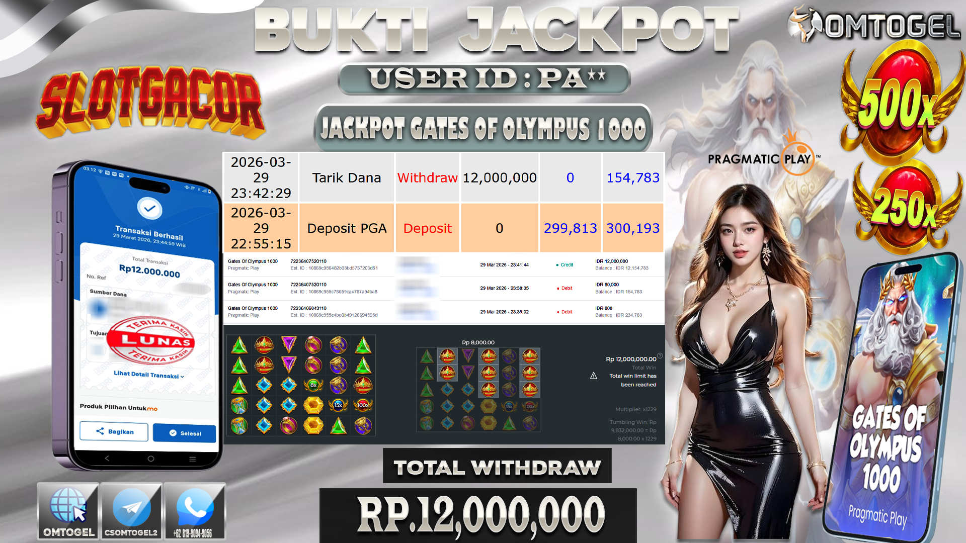 OMTOGEL JACKPOT PRAGMATIC PLAY GATES OF OLYMPUS 1000,12 JUTA DI BAYAR LUNAS ,-