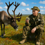 Putin sits in the tundra with a reindeer, glaring with hatred at reindeer moss.