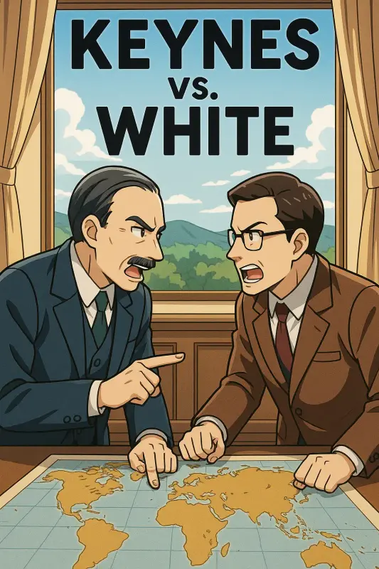 Anime-style illustration of John Maynard Keynes and Harry Dexter White arguing over a world map during the Bretton Woods conference.