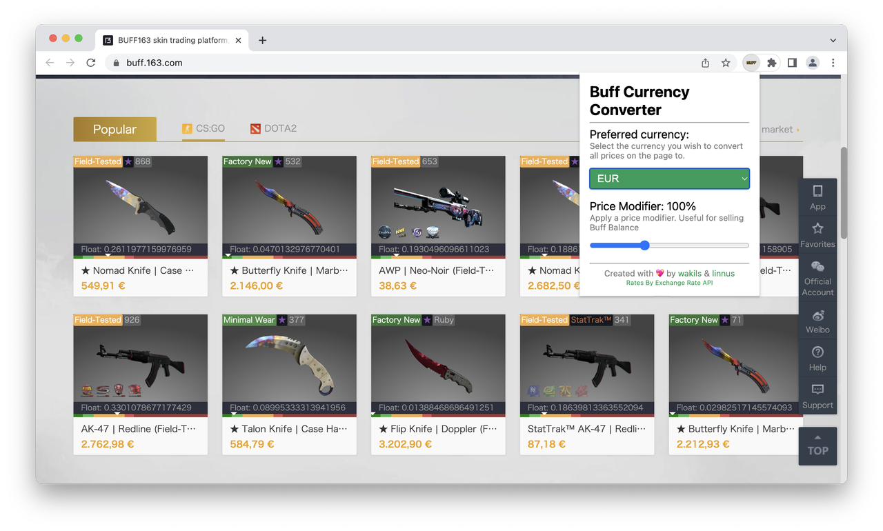 Buff front page. Prices are converted to USD. Example Gif