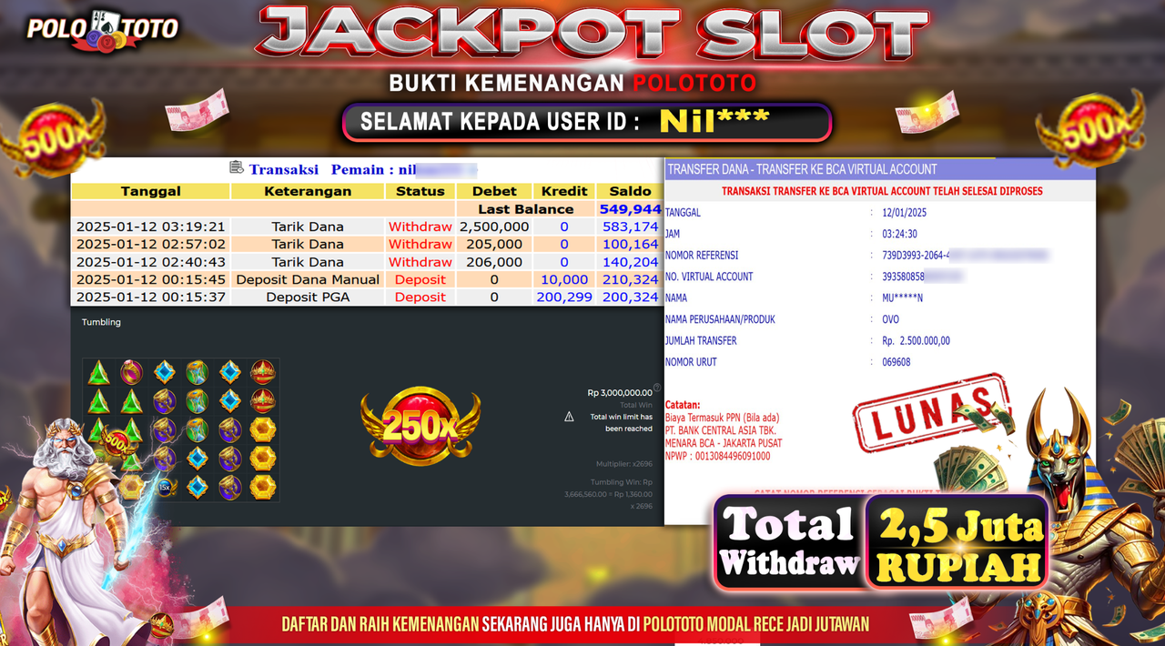 POLOTOTO JACKPOT SLOT GATES OF OLYMPUS 1000 Rp.2,500.000,-