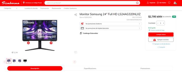Sanborns: SAMSUNG Monitor Gaming Premium 24 Odyssey G3 165hz 1ms 