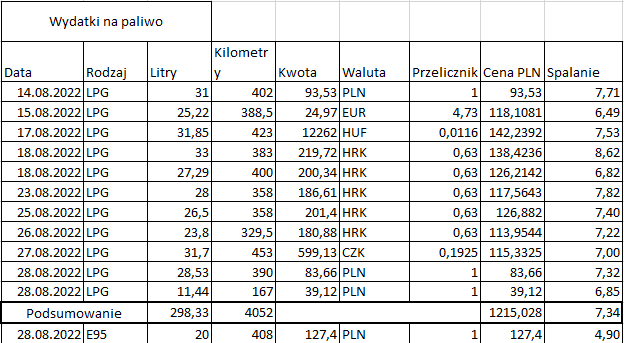 Raport z wydatków na paliwo