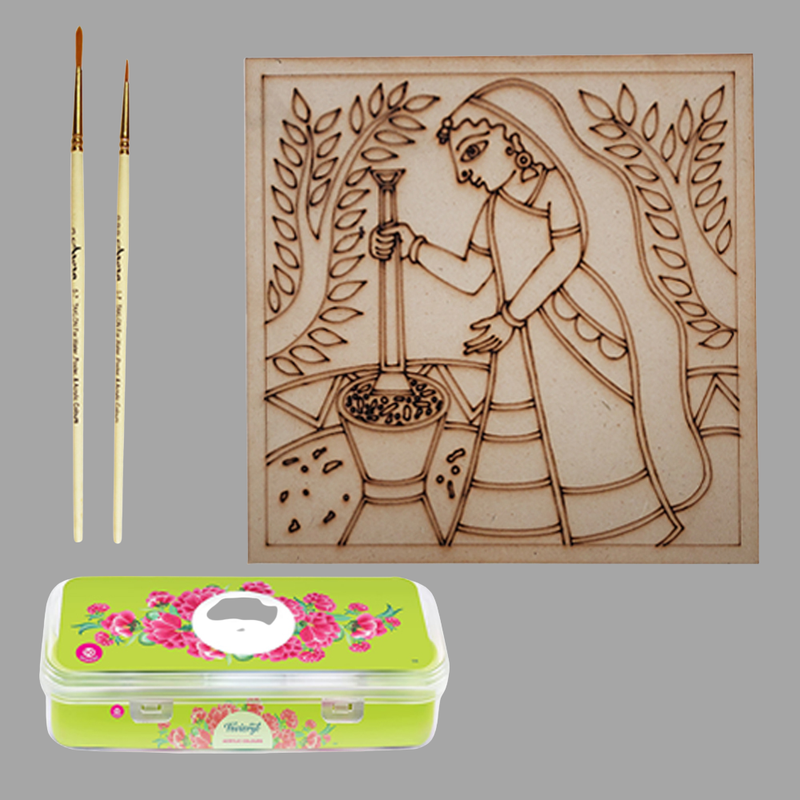 Madhubani painting on Engraved Square MDF DIY Hobbyist level Kit 