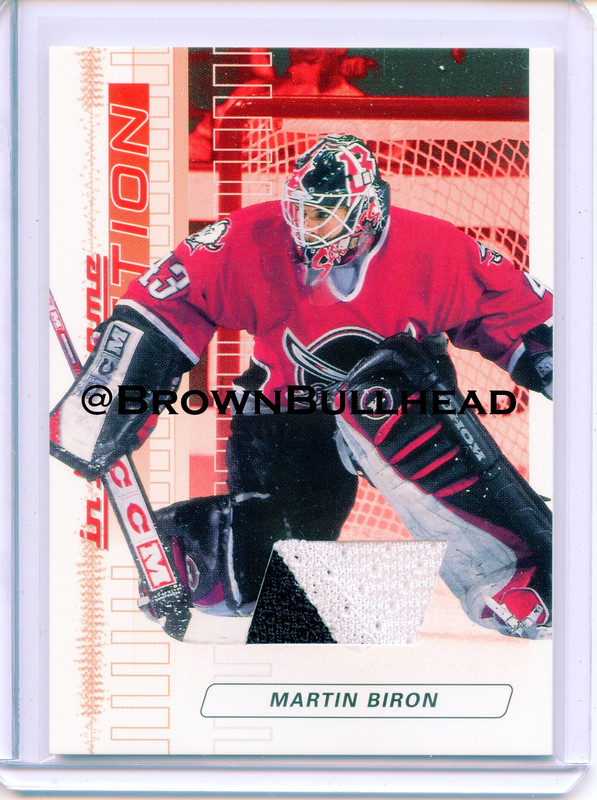 2003-04 ITG Action Jerseys #M-006 [Martin Biron] [Buffalo Sabres] [Ruby] [~500] [swatch=black white]
