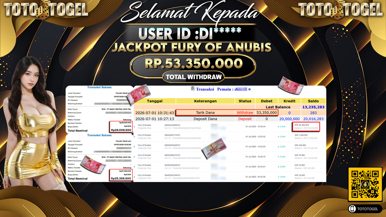 Bukti Pembayaran Jackpot Permainan Slot Fury Of Anubis ID:DI*****LUNAS
