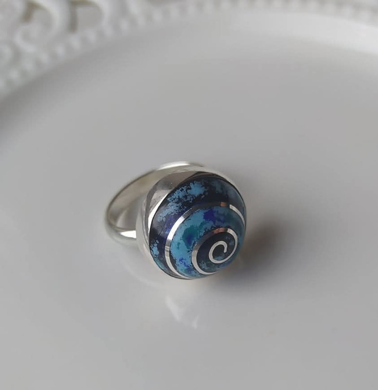 Minankari Ring Ocean Echo, Handmade Sterling Silver, Jewelry from Tbilisi - handmade cloisonne enamel