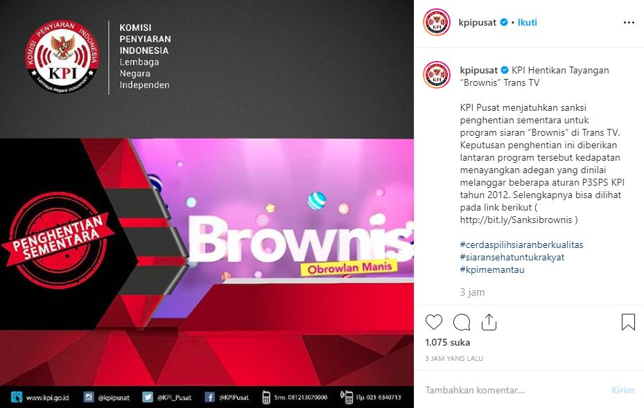 KPI menghentikan sementara program acara Brownis Trans TV