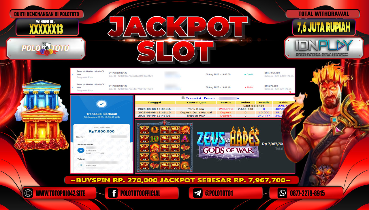 POLOTOTO JACKPOT SLOT ZEUS VS HADES - GODS OF WAR Rp.7.600.000,-LUNAS