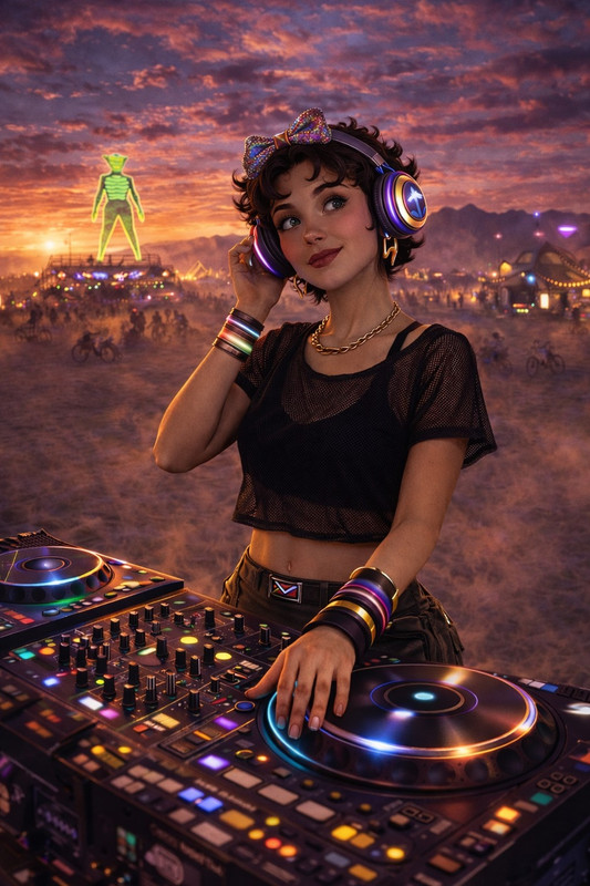 misty dj burning man realistic