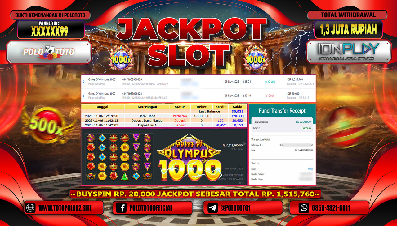 POLOTOTO JACKPOT SLOT GATES OF OLYMPUS 1000 Rp.1.300.000,- LUNAS