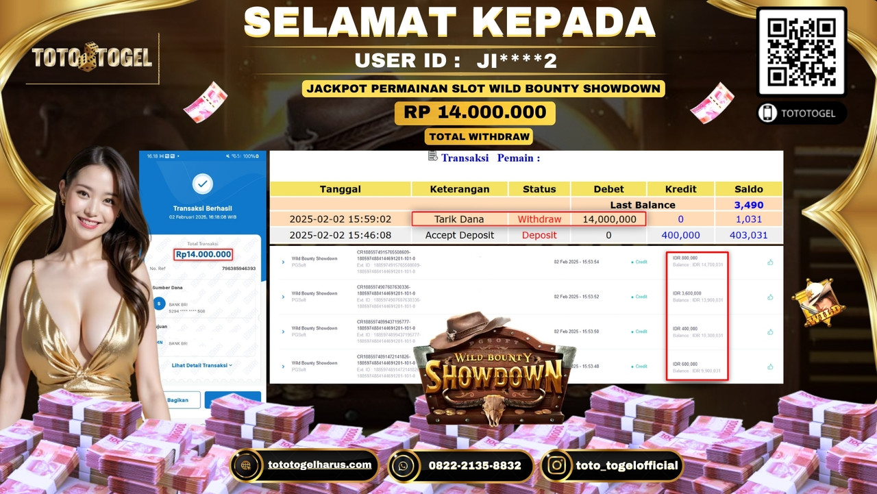 Bukti Pembayaran Jackpot  Permainan Slot Wild Bounty Showdown  ID:JI***2 LUNAS