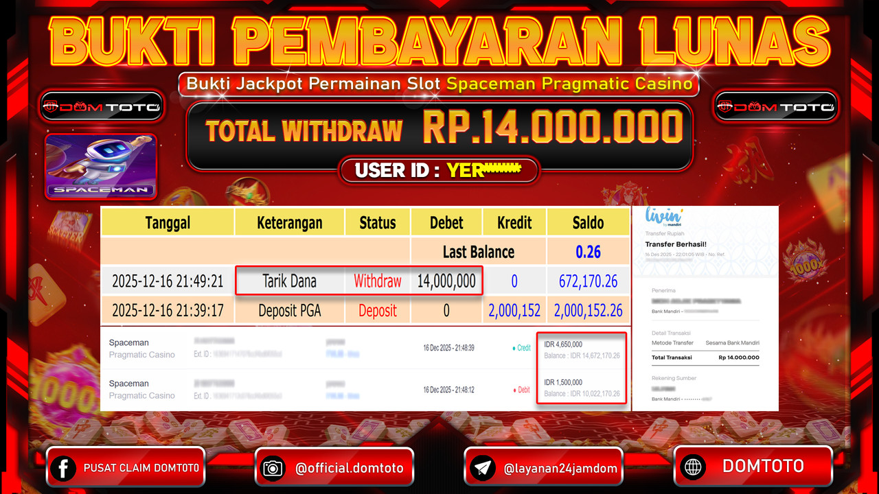 JACKPOT SLOT Spaceman Pragmatic Casino  16 DECEMBER 2025