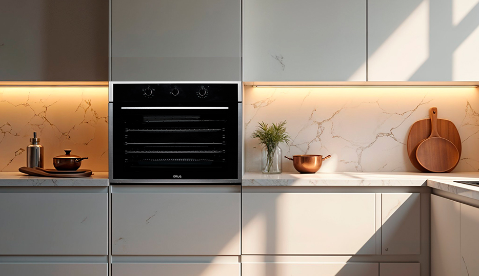 Horno Empotrable a Gas Drija Roma 76 con acabado en vidrio negro y acero inoxidable.