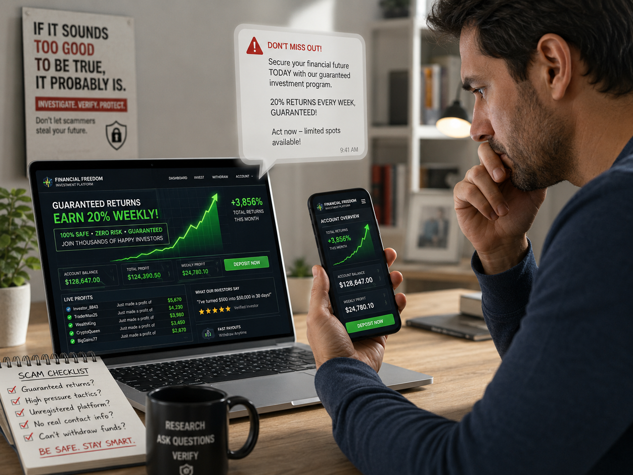 Fake investment platform showing guaranteed returns and pressure to deposit