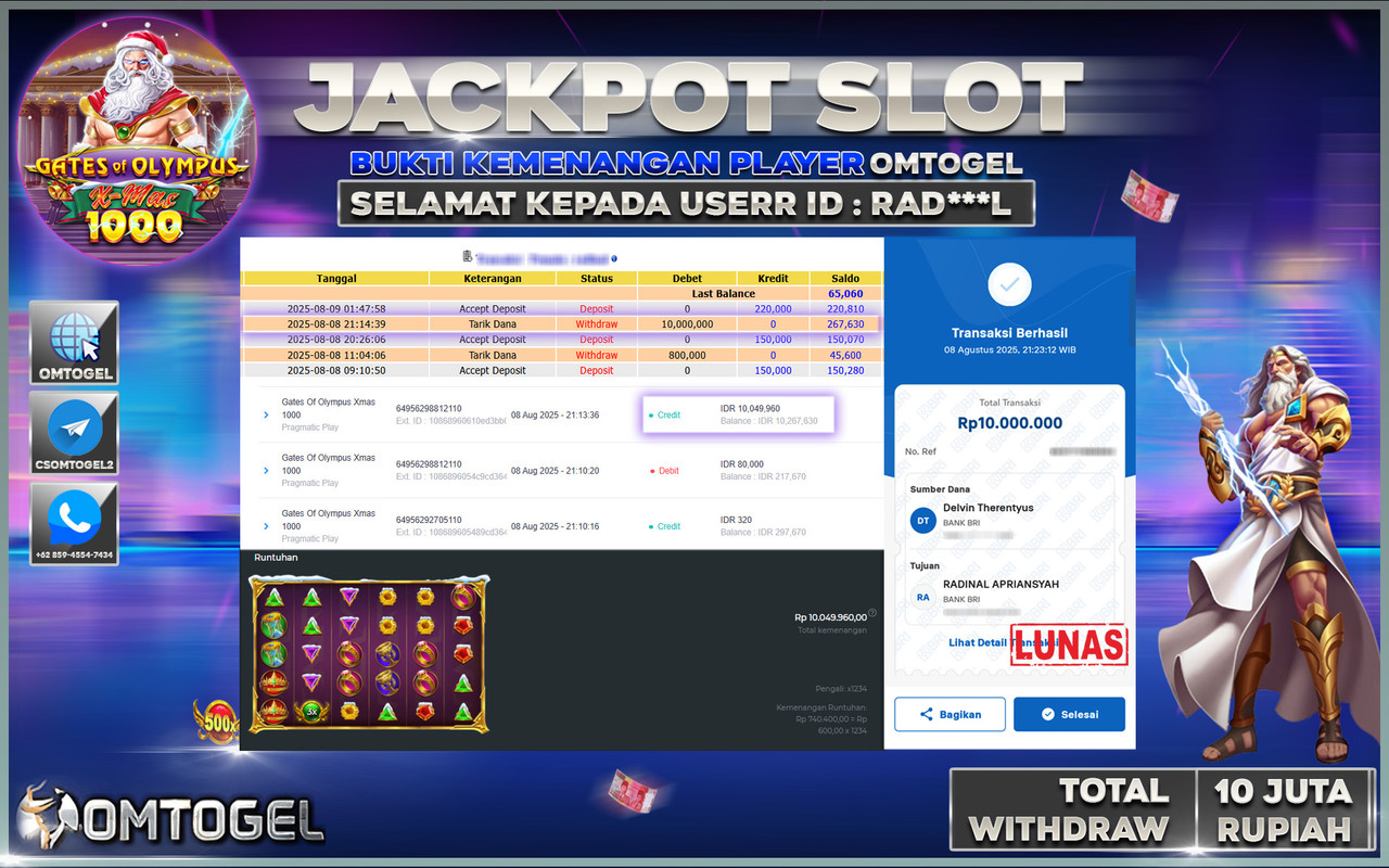 OMTOGEL JACKPOT PRAGMATIC PLAY GATES OF OLYMPUS 1000 10 JUTA DI BAYAR LUNAS ,-