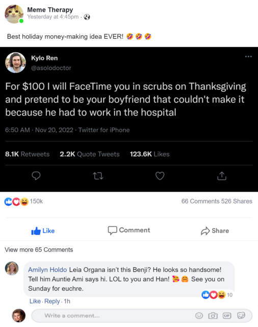 Facebook post by an account called "Meme Therapy". Post text reads: "Best holiday money-making idea EVER!!" with three laughing-crying emojis. Post image is Ben's tweet as Kylo Ren. It reads: "For $100 I will FaceTime you in scrubs on Thanksgiving and pretend to be your boyfriend that couldn’t make it because he had to work in the hospital". Comment from Amilyn Holdo: "Leia Organa isn’t this Benji? He looks so handsome! Tell him Auntie Ami says hi. LOL to you and Han! 🥰🤗 See you on Sunday for euchre. "