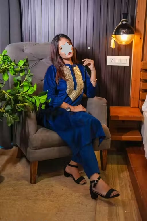 Women's Woolen Velvet Kurta and Pant Set | Winter Wear | Warm Velvet Ethnic Outfit | V-Neck Embroidery Lace Work Design | Blue Colour Color 1 (KS129)