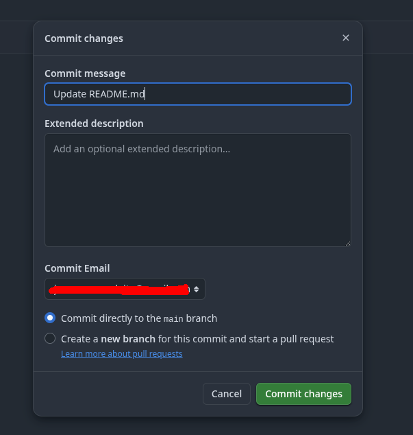 Imagem mostrando o campo de "Commit Changes" que serve para confirmar as modificações em um arquivo