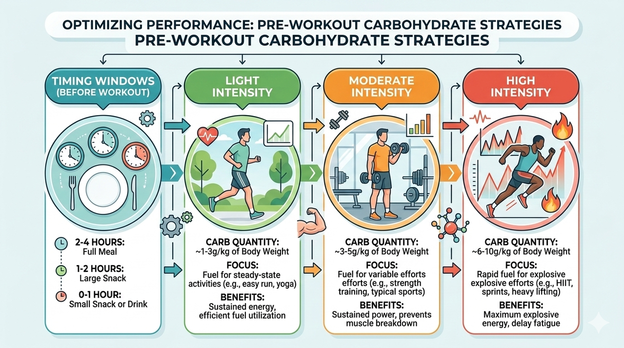 Infographic showing pre-workout meal timing and carbohydrate quantities for different workout intensities for benefits of complex carbs in your pre-workout meal
