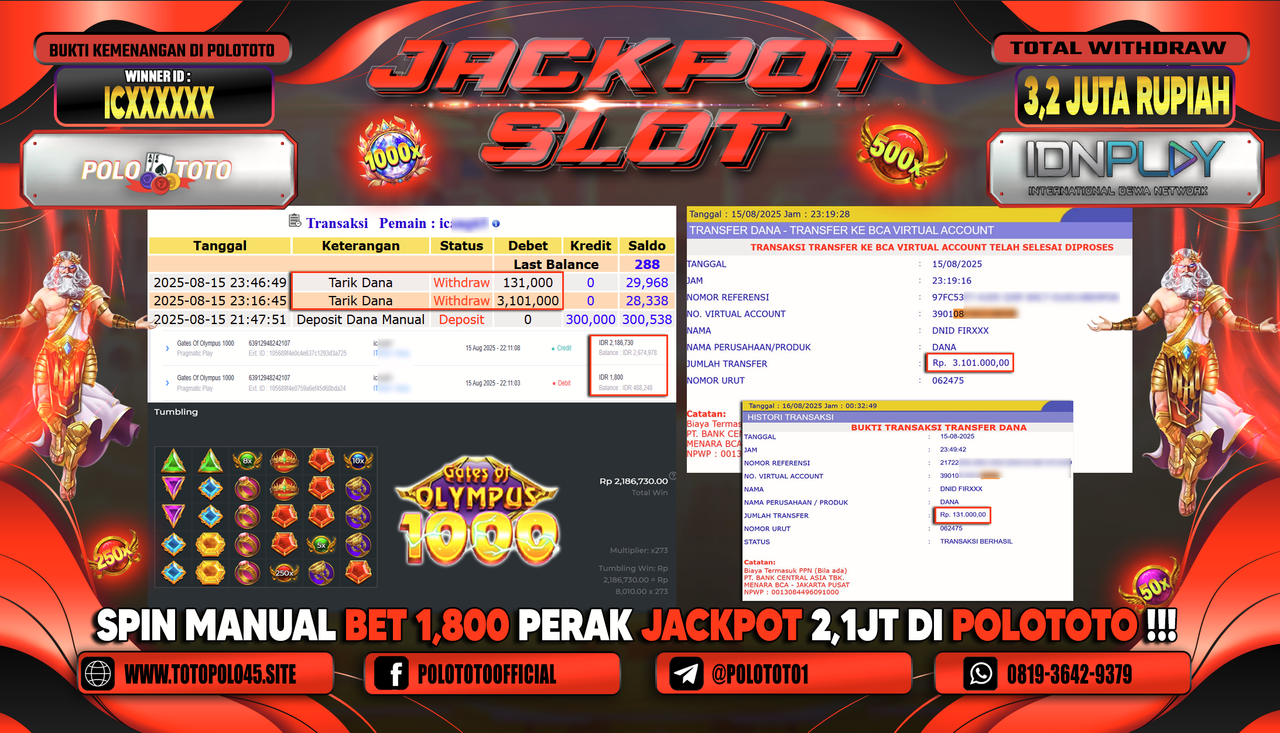 POLOTOTO JACKPOT SLOT GATES OF OLYMPUS 1000 Rp.3.200.000,-LUNAS