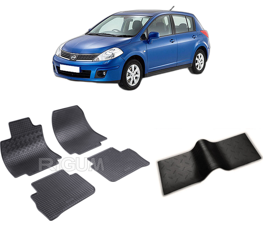 Set covorase auto NISSAN TIIDA din 2007-12.2011, cu covoras tunel median, CAROSERIE HATCHBACK, Presuri cauciuc 100%, compatibil cu autoturismul NISSAN TIIDA, Rigum