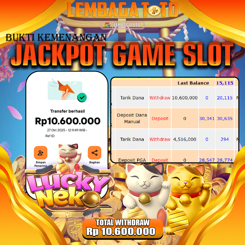 BUKTI JACKPOT 28 OCTOBER LEMBAGATOTO LUCKY NEKO Rp.10.600.000,- LUNAS