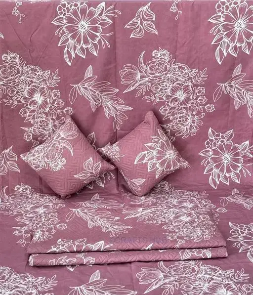 ST 5pc bedsheet set (1King size Bedsheet + 2 Pillow Covers (WITH ZIP)with Embroidery+ 2 Cushion Cover (WITH ZIP)with Embroidery with filler) Heavy Quality Multicolor QUILTED five piece set (R604)
