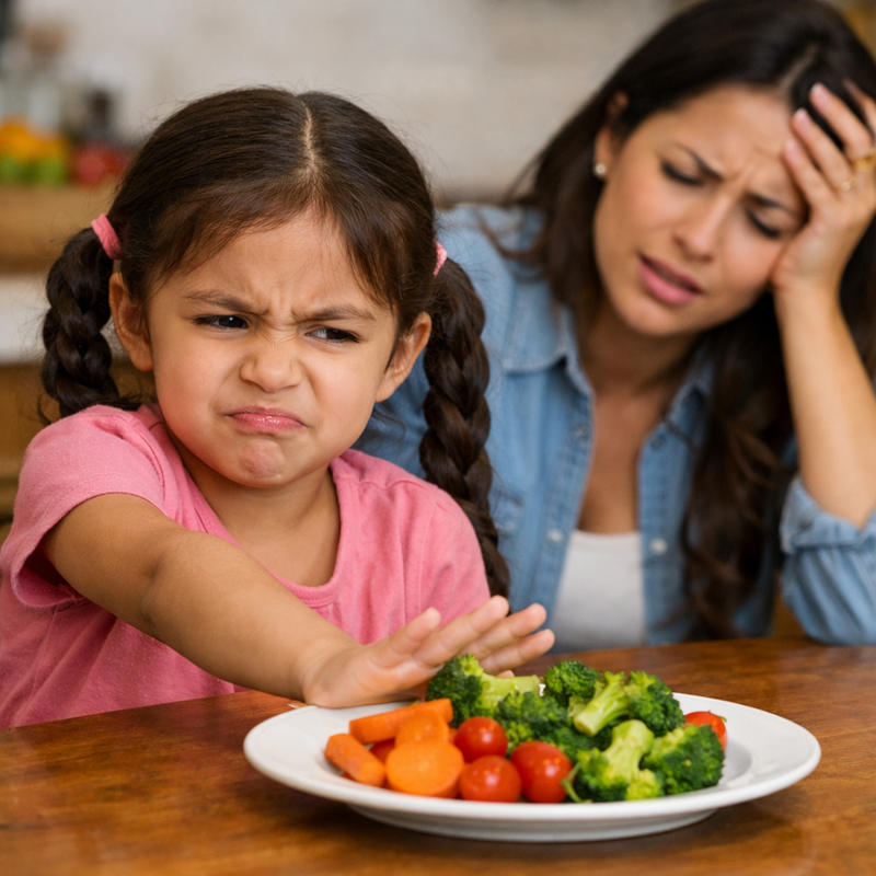 Niño rechazando la comida frente a su madre