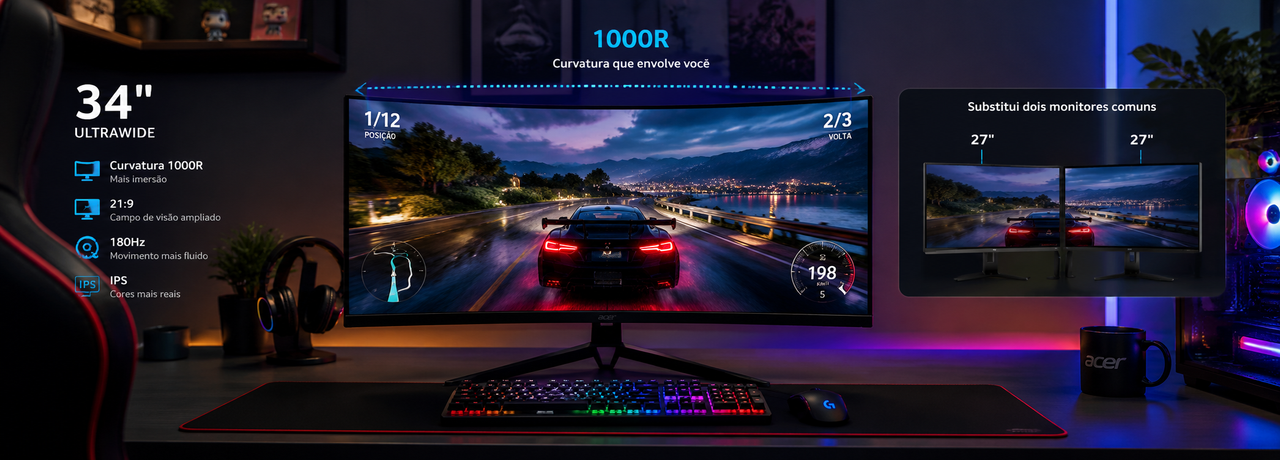 Imers�o UltraWide em 1000R no Monitor Acer Nitro 34 polegadas