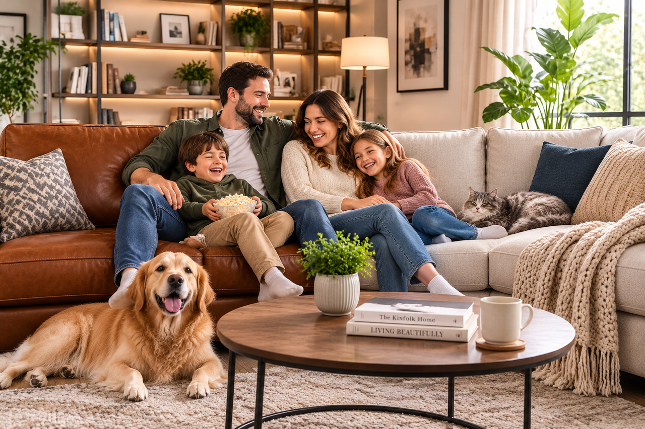 Family with Kids and Pets on a Comfortable Sofa