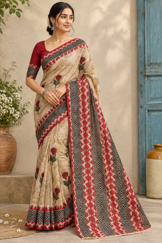 Hand Block Printed Muesli Beige Textured Saree with Floral and Geometric Motifs