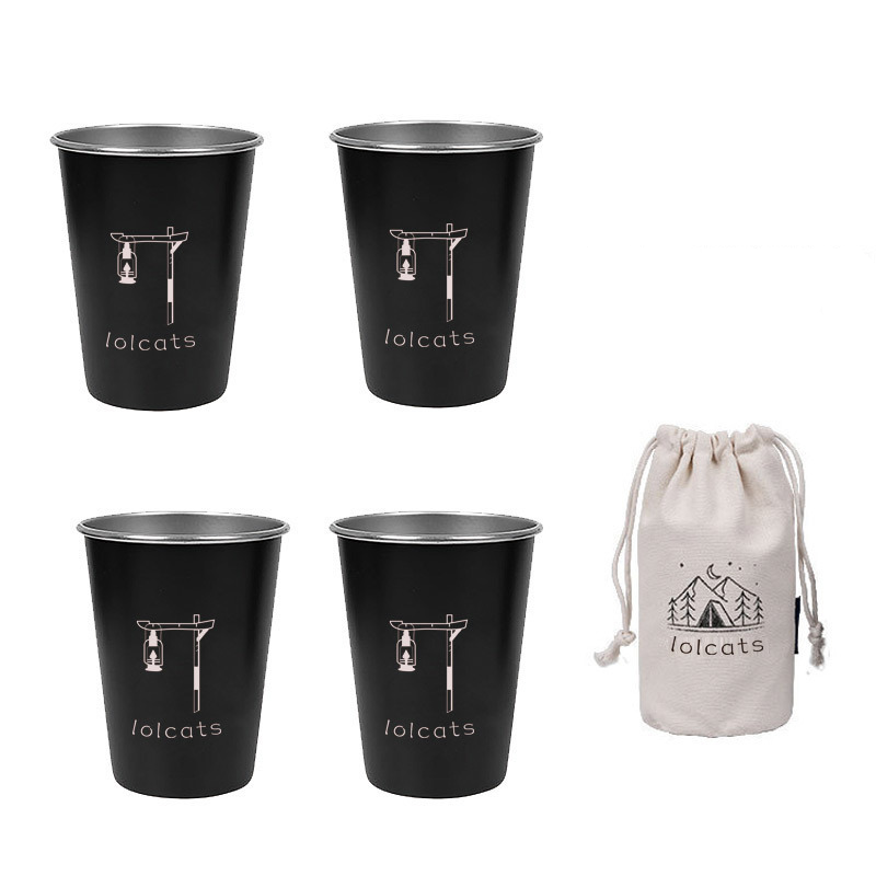 Black 304 Stainless Steel Camping Cup - 350 ml Outdoor Drinkware（4-Piece Set
