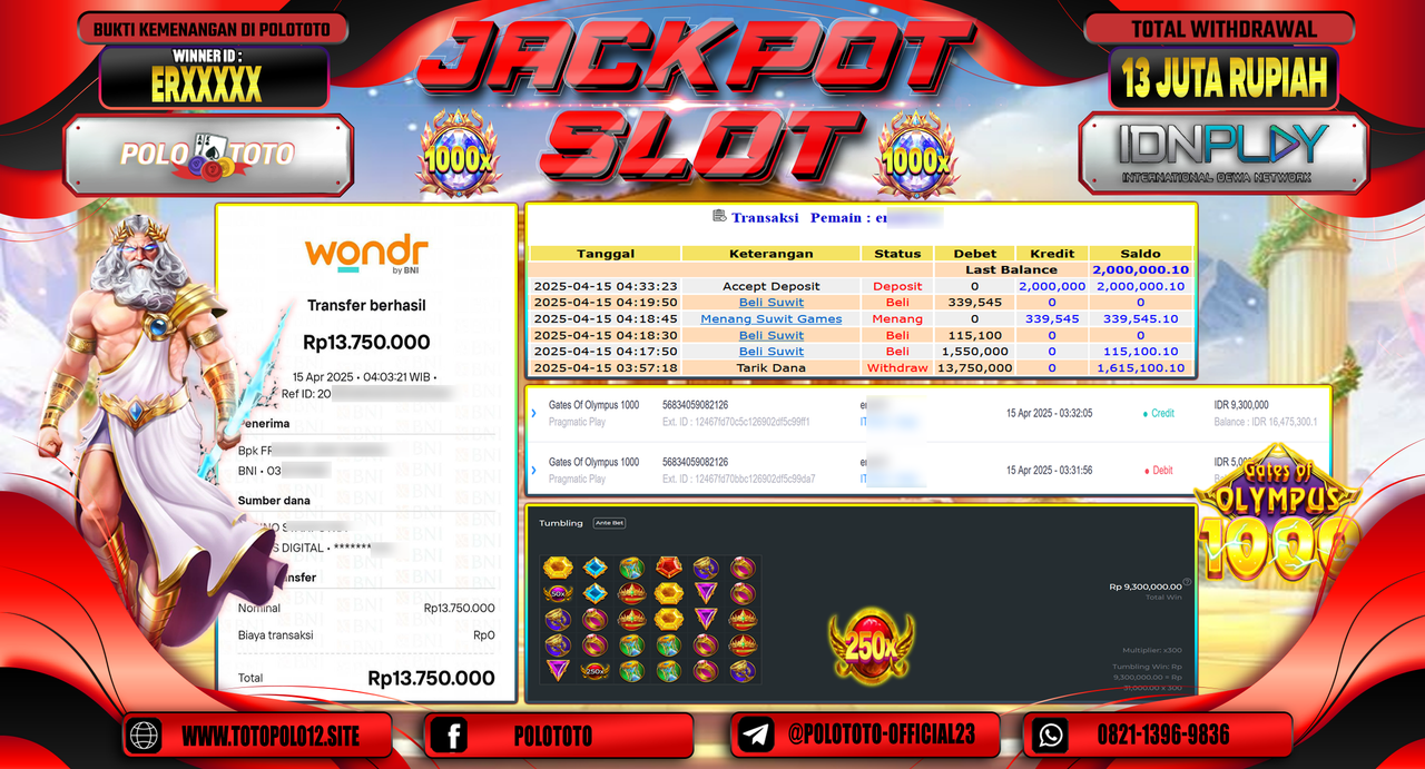 POLOTOTO JACKPOT SLOT GATES OF OLYMPUS 1000 Rp.13.750.000,-