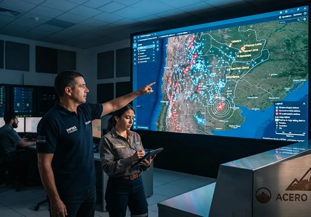 Marcelo Moreno y un ingeniero revisan el mapa interactivo de la RNMS en el centro de control del INPRES, con el logo de Acero y Roca en una consola.