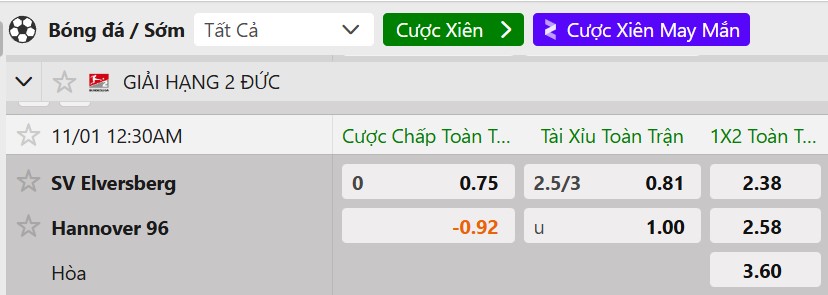 Tỷ lệ kèo Elversberg vs Hannover