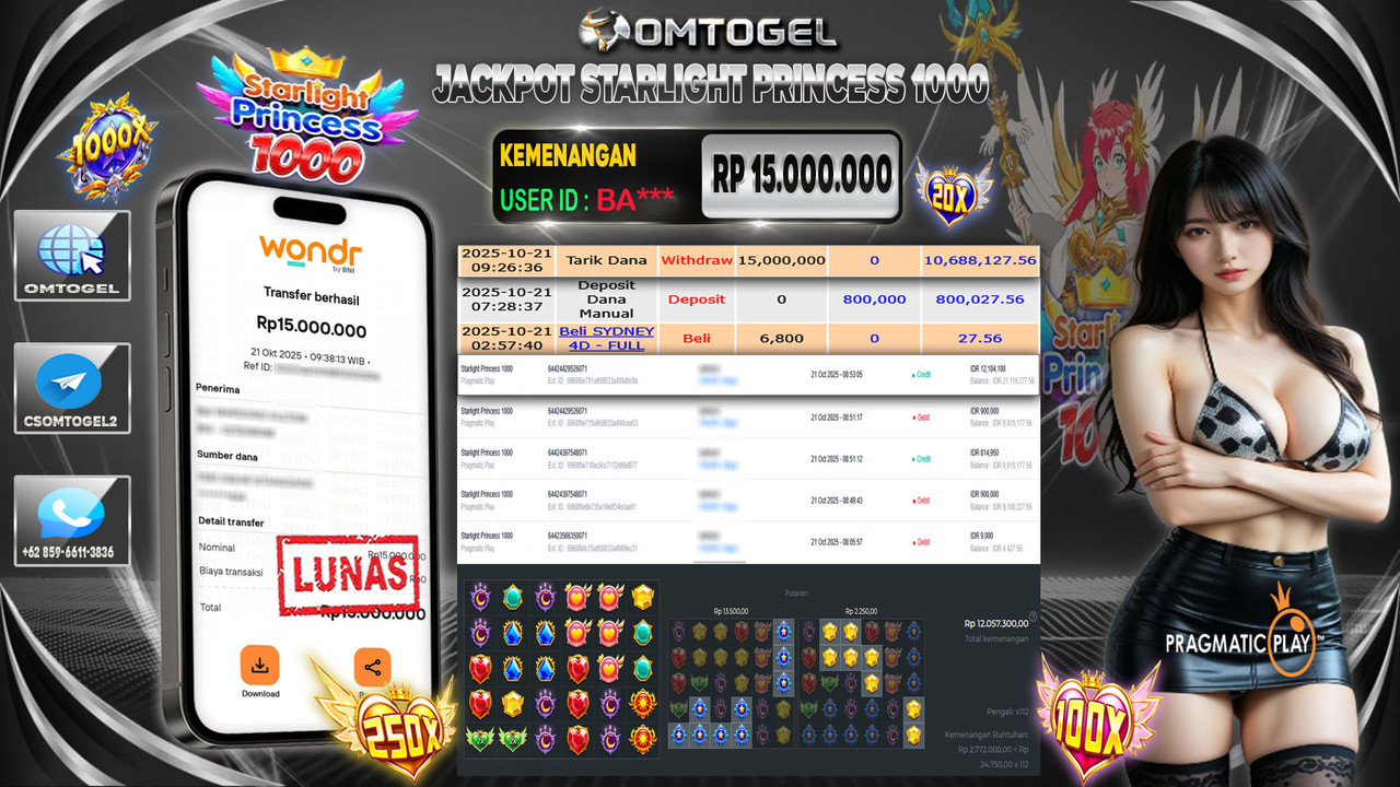 OMTOGEL JACKPOT PRAGMATIC PLAY STARLIGHT PRINCESS 1000 15 JUTA DI BAYAR LUNAS ,-