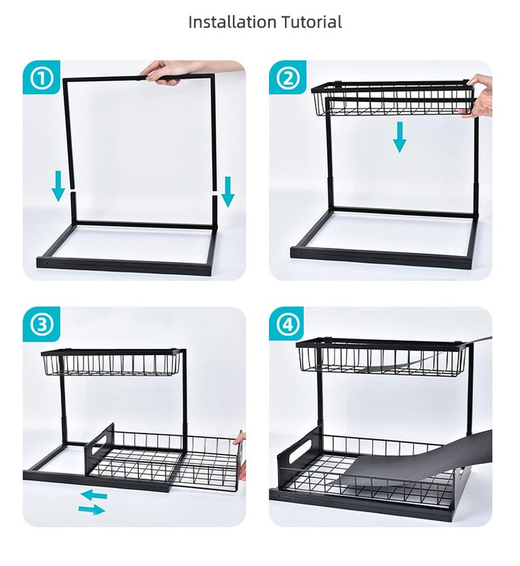2-Tier Under Sink Organizer and Storage - Heavy Duty Metal Pull-Out Cabinet Organizer, L-Shaped Sliding Drawer Rack for Kitchen, Bathroom, and Pantry - Black