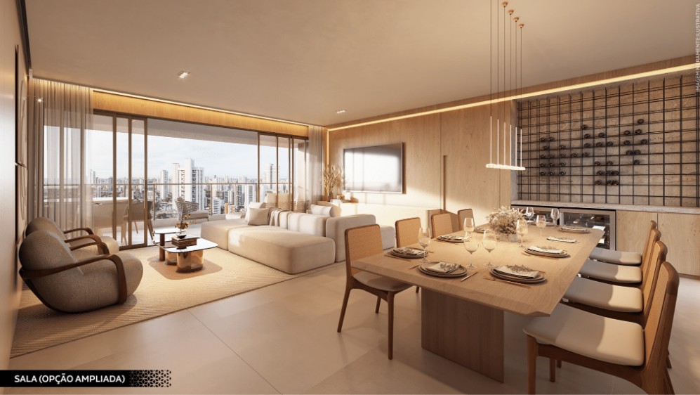 Sala ampliada e integrada do apartamento Jardins Júlia Cavalcanti com varanda gourmet