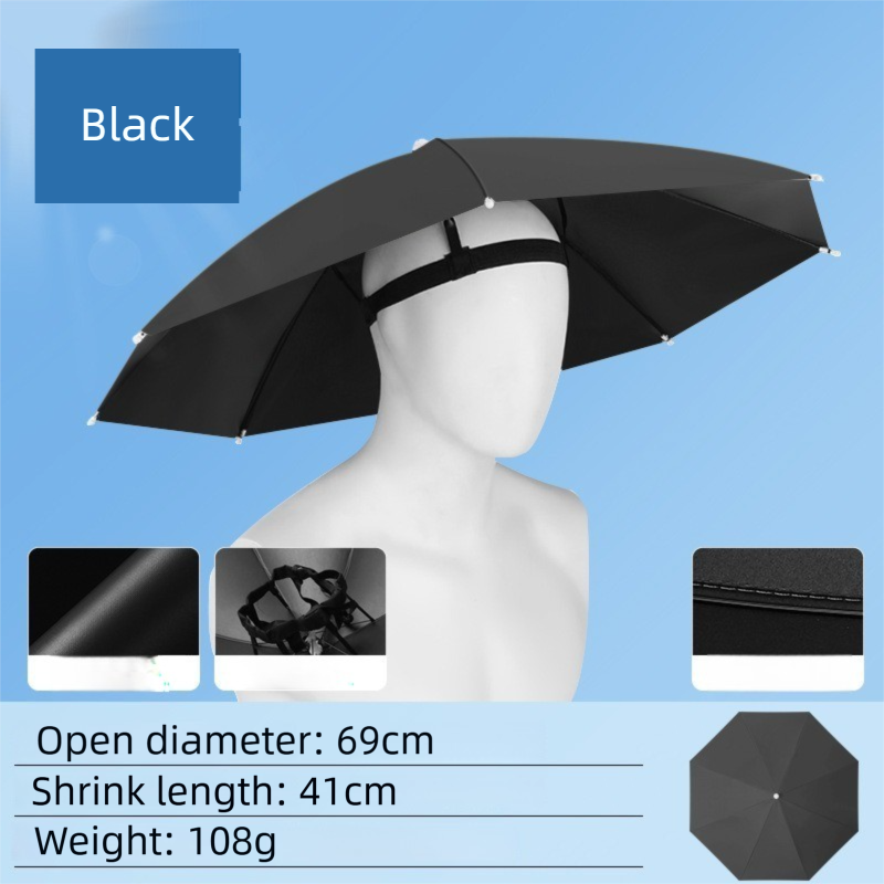 Black Foldable Sun & Rain Umbrella Hat (Diameter 69CM) - 99% UV Potective and Wind/Rainproof Fishing Umbrella with Elastic Headband